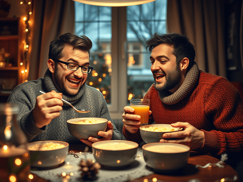 Hiding an almond in Christmas rice pudding; whoever finds it gets a prize and good&nbsp;luck