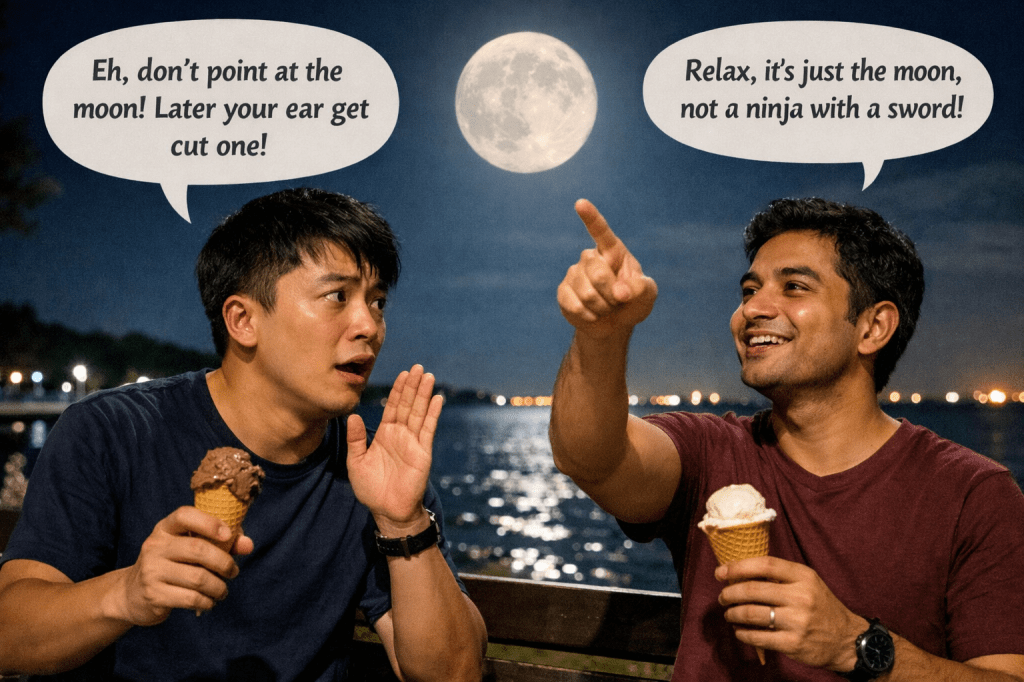 Do not point directly at the moon or your ear will be cut or scarred