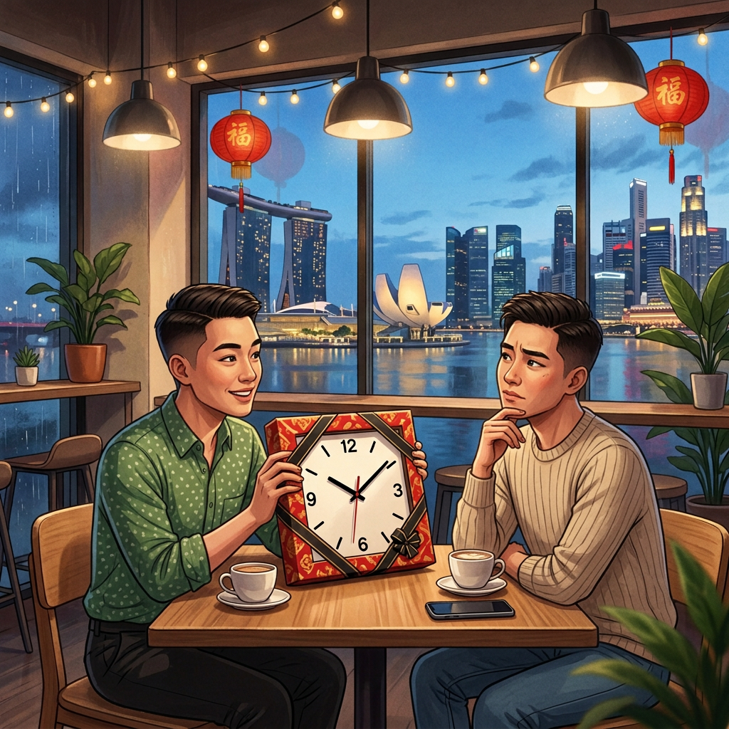 Two women sharing coffee beside a Chinese New Year clock gift