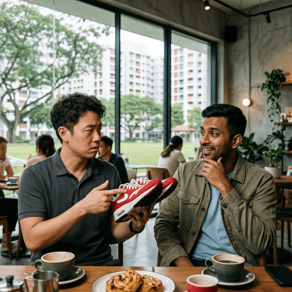 Two men discussing red-and-white sneakers at a café table