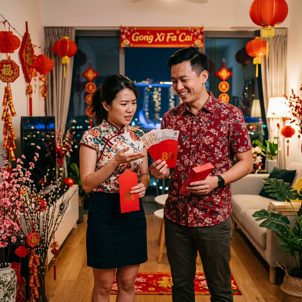 Couple exchanging red envelopes beneath Lunar New Year decorations