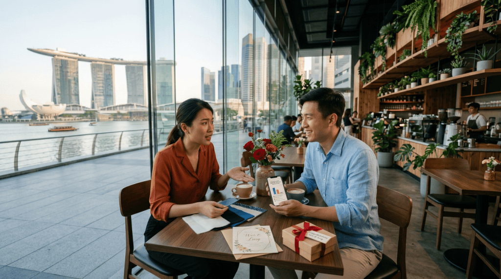 Wide 16:9 composition of the existing café scene