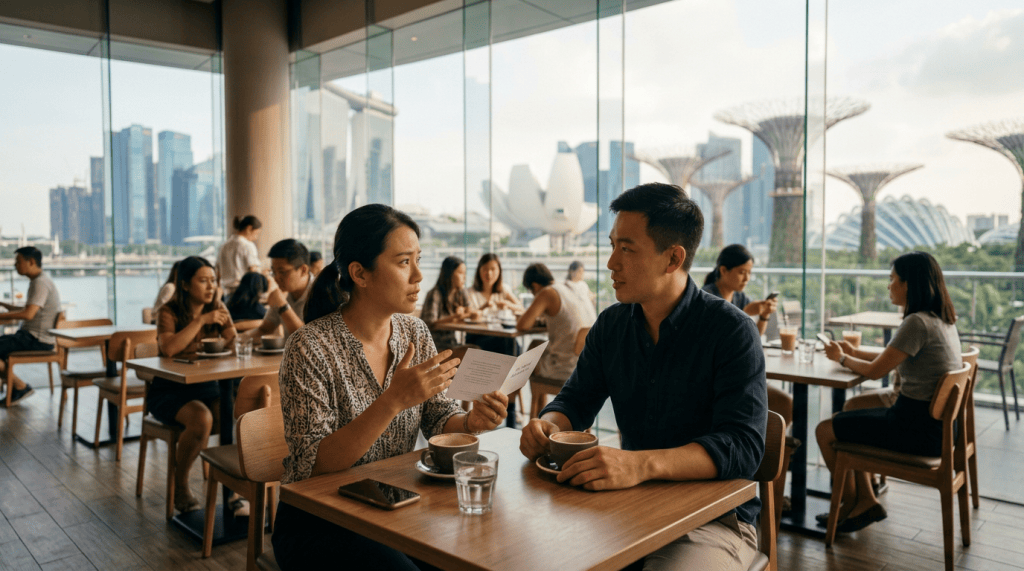 Wide 16:9 café debate scene