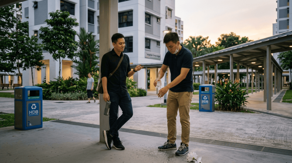 Two men outdoors, one pouring water over his hands