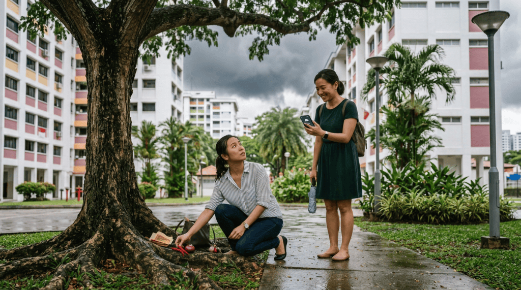 Two women beside a tree, gathering groceries on a wet walkway