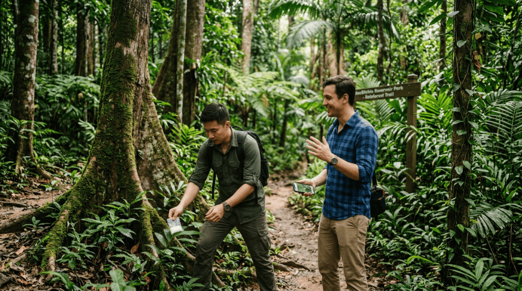Two hikers on MacRitchie Reservoir Park Rainforest Trail, one collecting litter