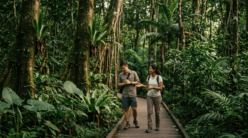 Two hikers walking on a wooden boardwalk through a tropical rainforest