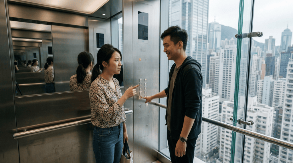 Two people selecting an elevator floor in a glass-walled high-rise elevator