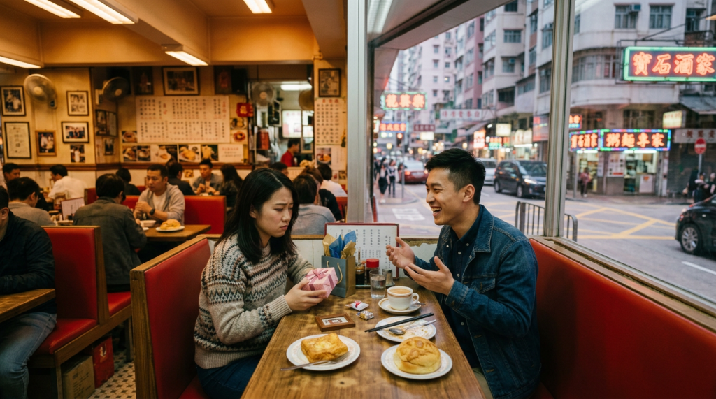 Couple sharing a gift and tea in a busy Hong Kong café